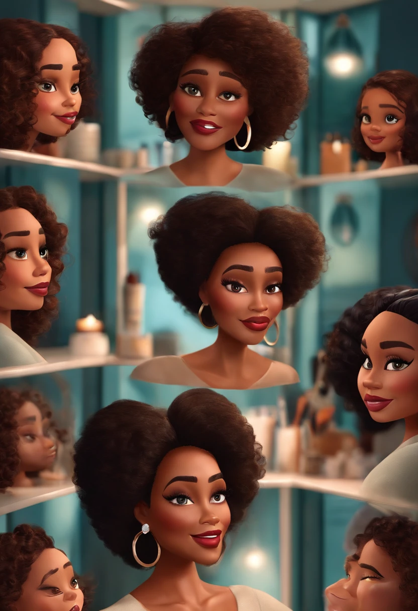 A film inspired by Disney Pixar, 50 years old mulatto woman with medium hair, short, brown, dark curly ) dentro A cena estar na arte distinta do estilo PIXAR, descolada e estilosa trabalha como maquiadora,With brushes and makeup products in hand ready to do makeup on a client,Inside a beauty salon you see the client's face in the mirror client young white woman