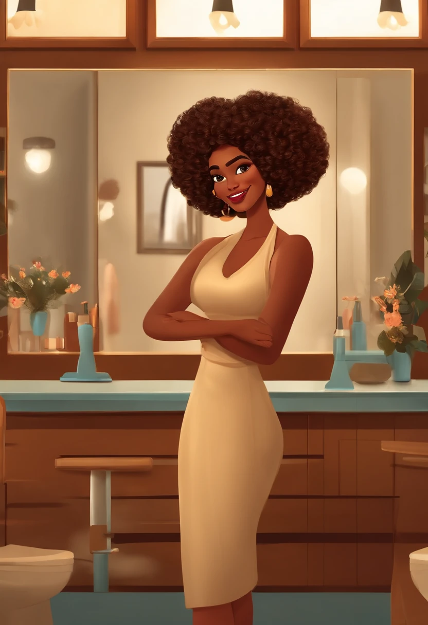 A film inspired by Disney Pixar, 50 years old mulatto woman with medium hair, short, brown, dark curly ) dentro A cena estar na arte distinta do estilo PIXAR, descolada e estilosa trabalha como maquiadora,With brushes and makeup products in hand ready to do makeup on a client,Inside a beauty salon you see the client's face in the mirror client young white woman