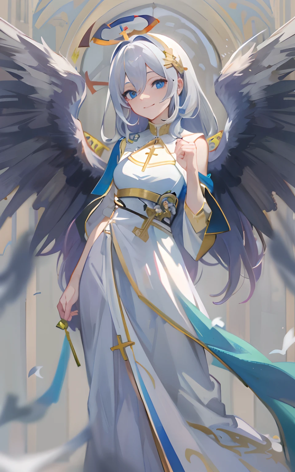 (Masterpiece: 1.5), (Best Quality: 1.5), Perfect Eyes, Perfect Face, Volumetric Lighting, 1 Woman, Mature Woman, (Whiteness: 5), angle, long grey hair, holy woman, church, long dress, small angle wings, full body, looking at the viewer, blue eyes, headband, cross, evil grin, big breasts, whip, sadistic smile,