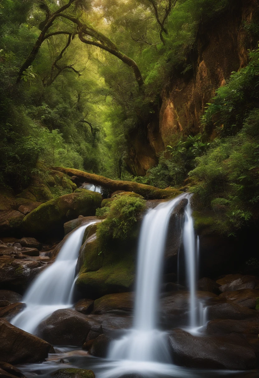 Cachoeira muito alta, com arvores em volta, passaros voando,caminho de pedras, montas em volta, homen jovem correndo