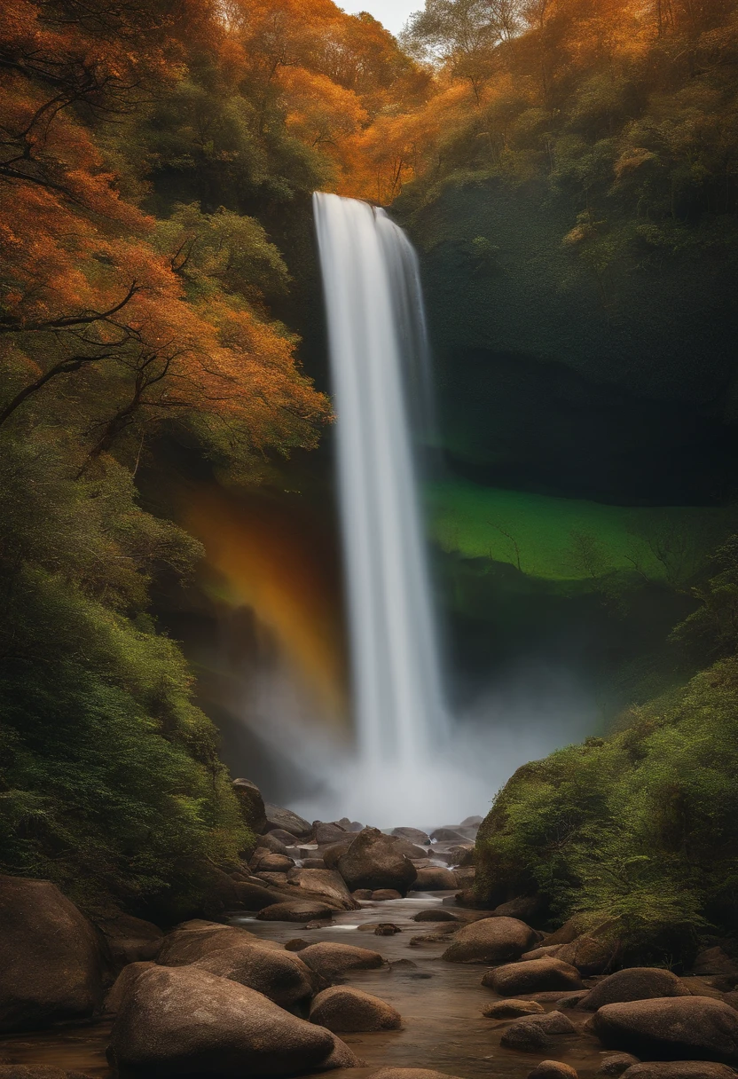 Cachoeira muito alta, com arvores em volta, passaros voando,caminho de pedras, montas em volta, homen jovem correndo