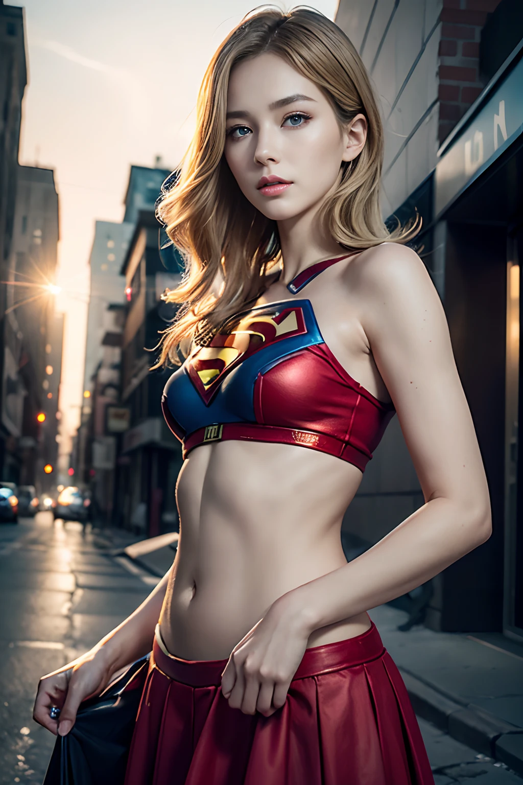 Strong and cool Supergirl photo portrait、8K、Dark outfits、Dreamy and magical atmosphere、(Superheroine costumes、Superman logo on chest)、(white male、Feminine abs)、(A beautiful Blue eyes、Light blonde hair、White Skin Skin、eye liner、False lashes、slender eyes、 shining skin、high gloss skin、Constriction、Professional lighting、Belly Navel、a perfect face、Perfect style)、(20 age old、adult lady、milf woman、Wide waist、thights、shadings、Back lighting)、from front view、Cool Beauty、cow-boy shot、Standing、Face down and looking at the camera、(Red skirt)、realisticeyes、 eyes in beautiful detail、(real-looking-skin)、Attractive ultra-high resolution、ultra hyperrealistic、extremly detailed、the golden ratio、Background is a dystopian building street in the evening、