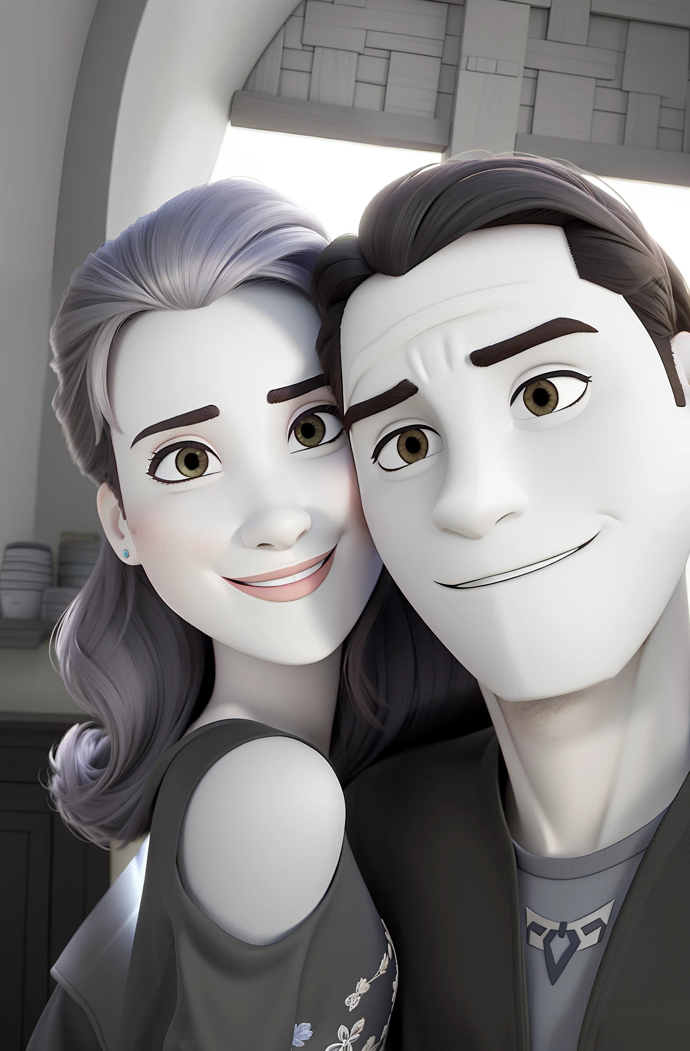 Casal (homem pardo e mulher branca) no estilo Disney Pixar, alta qualidade, melhor qualidade.