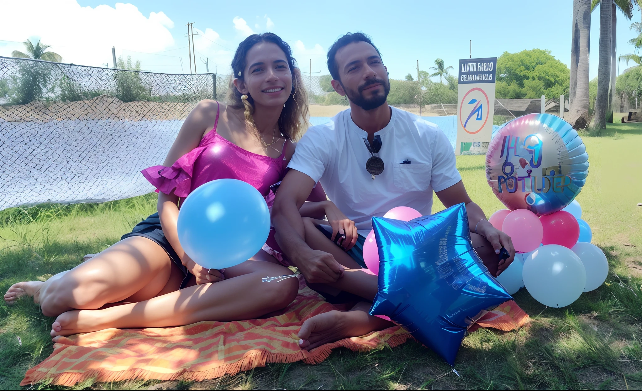 There are two people sitting on a blanket with balloons, they are in love, Mulher de 30 anos de Cuba, Casal feliz, holding a balloon, photo shoot, Directed by: David Ruby, 🌻🎹🎼, 😭 🤮 💕 🎀, sentado em um joelho na grama, Directed by: Carla Wyzgala, Directed by: Nandor Soldier