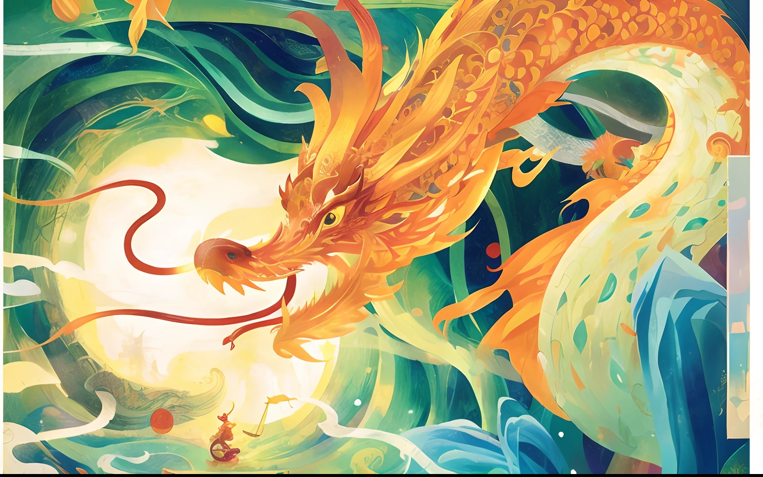Painting of a dragon with a long tail and a long tail, an illustration of inspired by Victo Ngai, victo ngai and tristan eaton, jellyfish phoenix dragon, A beautiful artwork illustration, victo ngai style, victo ngai and surrealism, Inspired by:《Unknown crew》, Chinese fantasy, james jean and victo ngai, oil painting of dragon