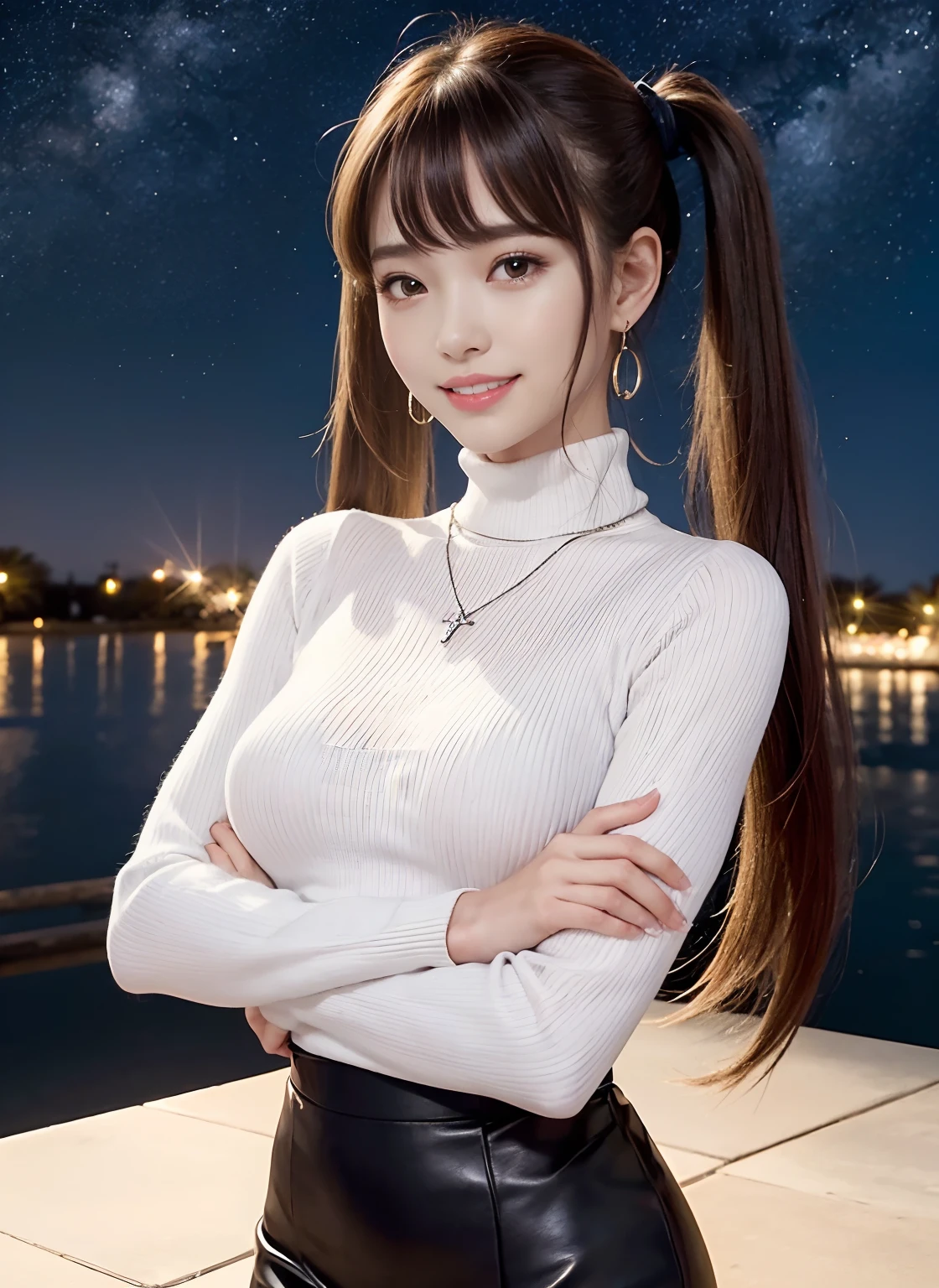 /*Quality writing*/
of the highest quality, 16 K, masutepiece, hyperdetailed face, very detailed lips, Detailed eyes, Realistic pupils,Extremely thin legs
break,
/*Characters and expressions*/
(Extremely beautiful girl:1.3), Asian Girl, 1 girl, Light on Face, 18 years old, (((Very sweet smile))), (twintails hairstyle)
BREAK
/*garments*/
(White turtleneck sweater),(The most gorgeous necklaces in the world), (The most gorgeous earrings in the world),(Black leather skirt),
BREAK
/*Pose*/
(Cross your arms under your chest), emphasizing breasts,nice hand, Perfect hands, Full body,shoes,Break HA
/*Angular posture*/
(Sparkling night sky:1.2), Looking at Viewer