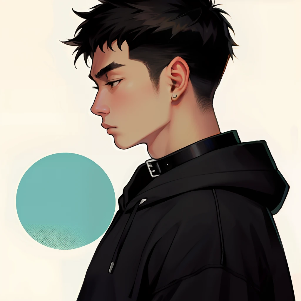 Black hoodie, collar, cartoon, drawn, side profile, guy, asian