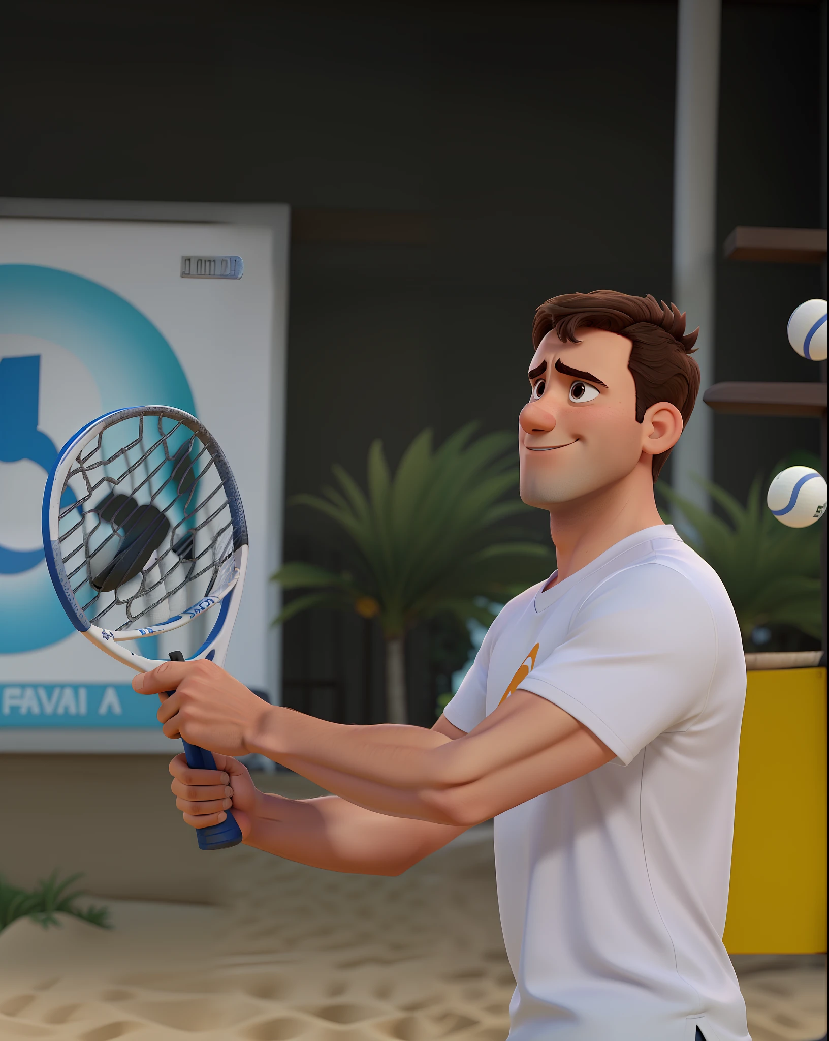 Pixar-style image of a man in a white shirt holding a beach tennis racket with both hands, alta qualidade, melhor imagem