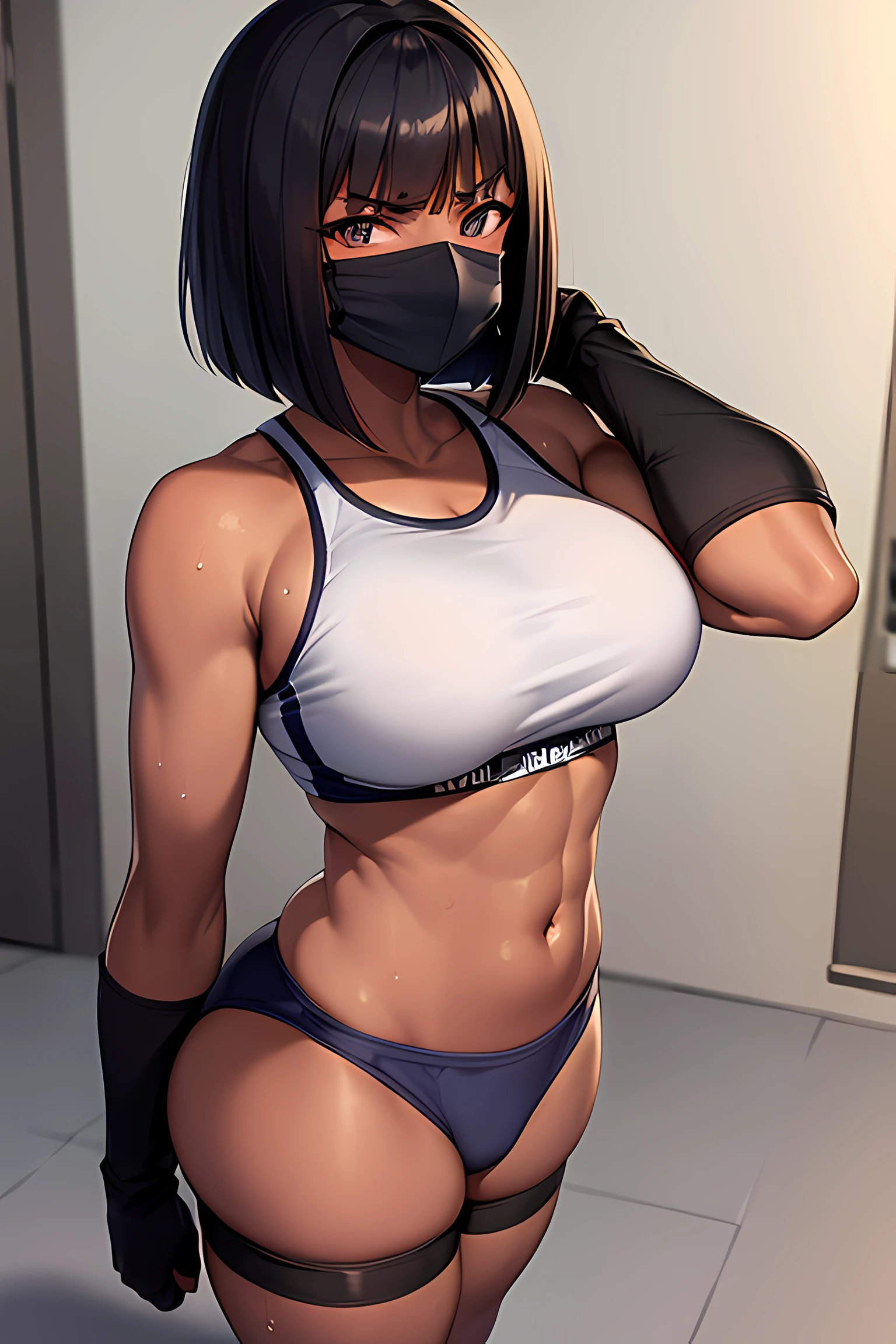 dark-skinned girl, , big ass, tomboyym outfit, mouth mask, sweating, in a dimly lit room, both hands on head, bob cut,  black gloves, white sneakers, full body, sunny weather, from front, beautifully drawn eyes, perfect face, perfect body,  muscular, naval, abs, beautiful girl, disgruntled