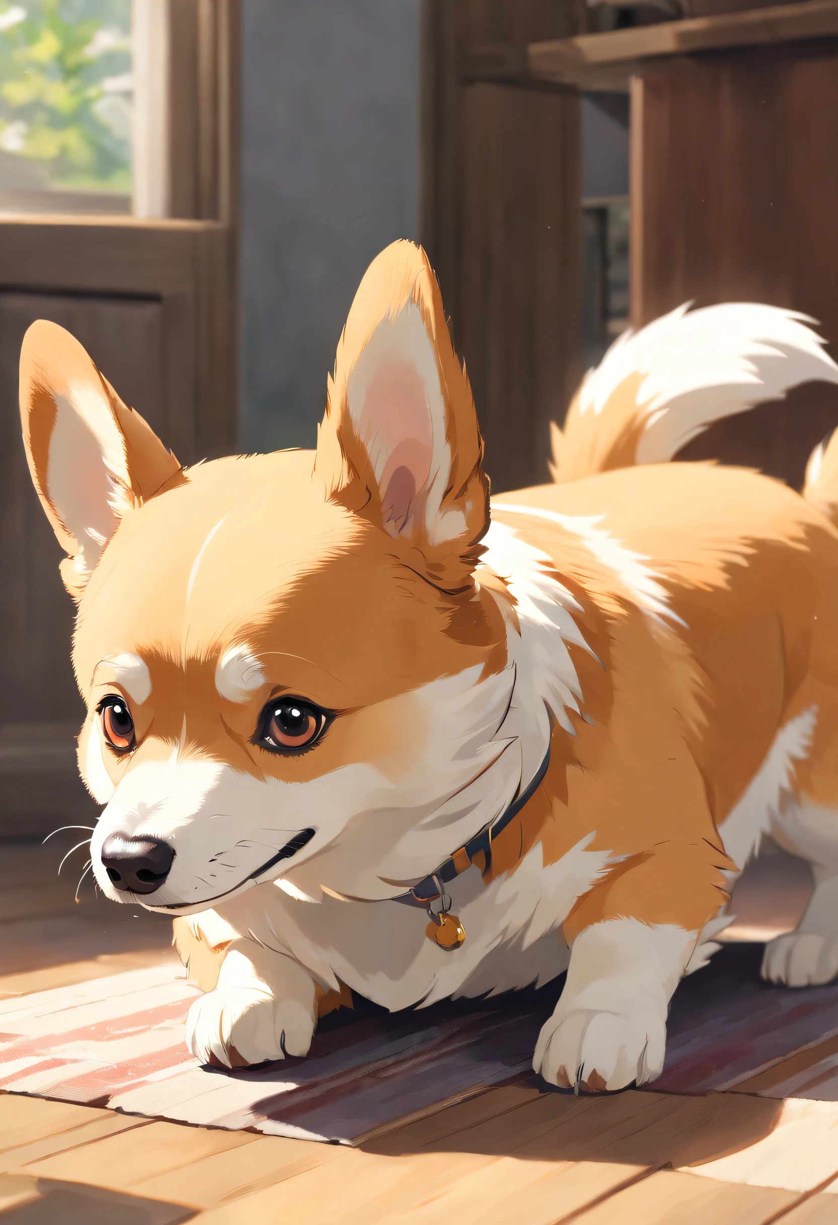 "Generate an ultra-high definition image capturing a pembroke Welsh corgi in a chic, Classic dog pose. Use advanced macro photography techniques to highlight the intricate details of the dog's coat, standing ears, e olhos expressivos e lingua parcialmente para fora. Place the camera at the dog's eye level, creating an intimate connection between the viewer and the canine subject. Implemente uma ampla abertura para profundidade de campo rasa, Permita que o cachorro se destaque nitidamente contra um fundo suavemente desfocado. Improve lighting to emphasize the textures and contours of the dog's body, Uso de Soft, Fuzzy lighting to remove harsh shadows and create a, ambiente aconchegante. Capture the dog in a relaxed position, mas equilibrada, showing your flexibility and elegance. Experimente capturar o momento durante o movimento natural, como alongamento ou tosa, to convey a sense of authenticity. Implement post-processing techniques to refine image clarity, contraste, and color balance, garantindo que todos os aspectos, from the dog's intricate patterns to its intense gaze, Renderiza em detalhes impressionantes. Enfim, Convey the serene beauty and innate grace of the pembroke Welsh corgi dog, Capture a fleeting moment that celebrates the unique essence of canine curiosity and balance."
