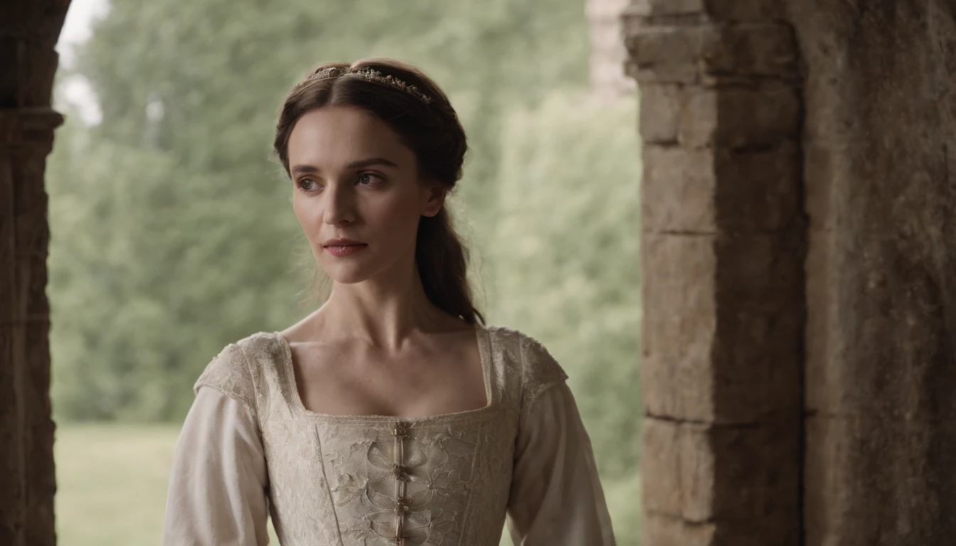 aged noble woman wearing a medieval white dress stands next to a closed wooden door, imprisoned in a stone castle room, there is a feeling of helplessness and anger from the woman, the stone room she is imprisoned in is dark and small, sinister, scary, intense, cinematic, 8k, cinematic scene from film, eerie, gothic, day, in the cinematic style of Dion Beebe