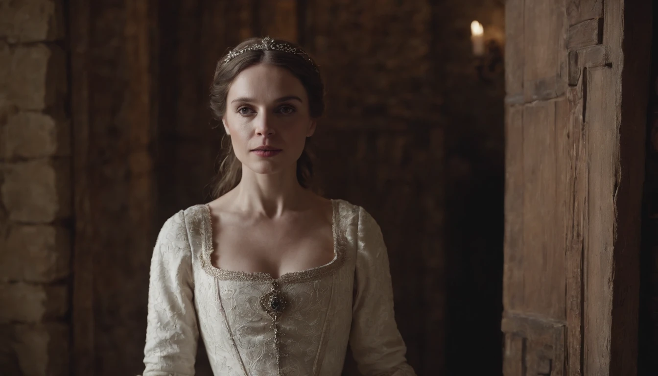 aged noble woman wearing a medieval white dress stands next to a closed wooden door, imprisoned in a stone castle room, there is a feeling of helplessness and anger from the woman, the stone room she is imprisoned in is dark and small, sinister, scary, intense, cinematic, 8k, cinematic scene from film, eerie, gothic, day, in the cinematic style of Dion Beebe