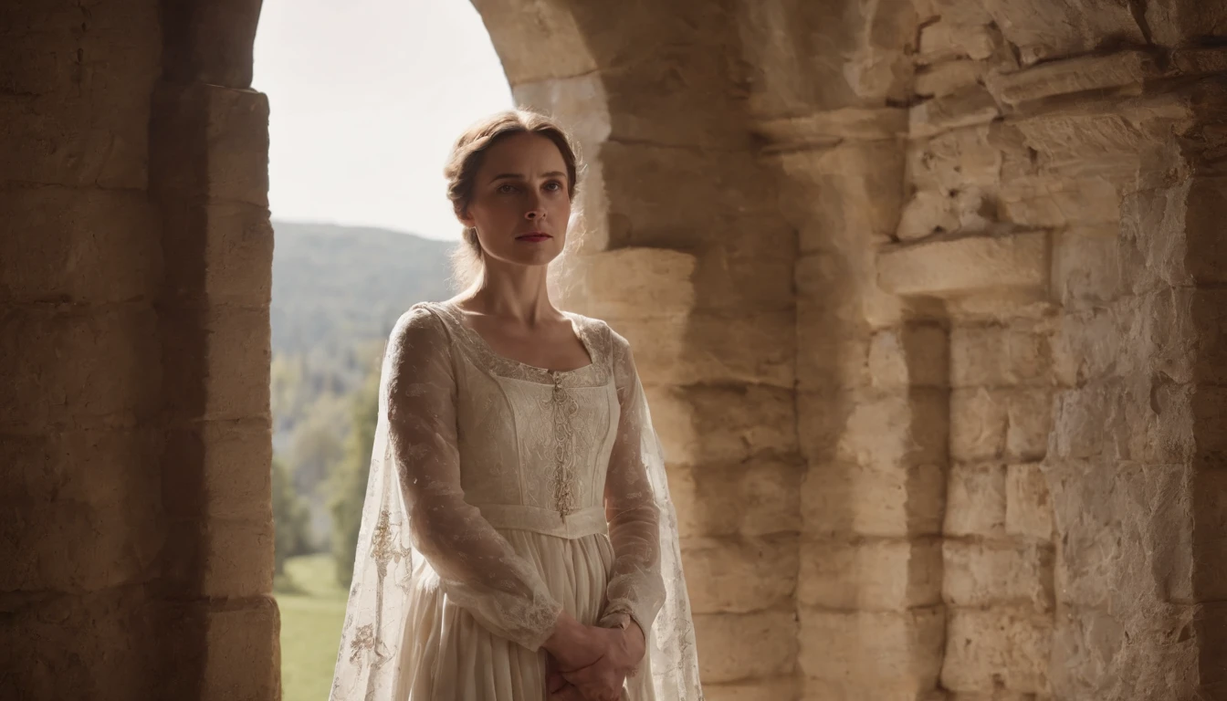 aged noble woman wearing a medieval white dress stands next to a closed wooden door, imprisoned in a stone castle room, there is a feeling of helplessness and anger from the woman, the stone room she is imprisoned in is dark and small, sinister, scary, intense, cinematic, 8k, cinematic scene from film, eerie, gothic, day, in the cinematic style of Dion Beebe
