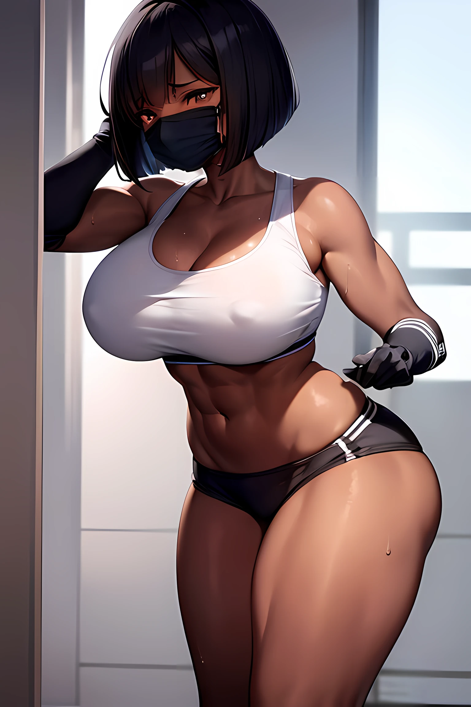 dark-skinned girl, big breasts, big ass, tomboy, gym outfit, mouth mask, sweating, in a dark room, both hands on head, bob cut, black gloves, white sneakers, full body, sunny weather, from front, beautifully drawn eyes, perfect face, perfect body, muscular, naval, abs, beautiful girl, disgruntled