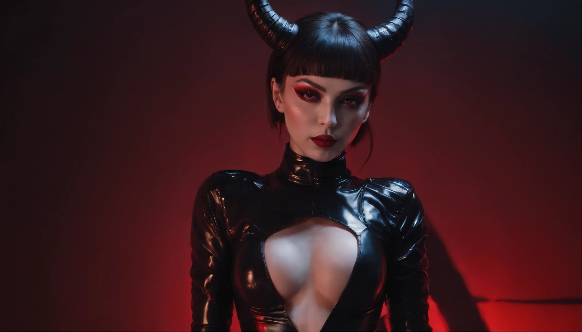 Demon woman dressed in latex leotard posing for a photo in a dark studio with a red neon circle behind her, half body shot, sensual pose, darksynth aesthetic, demon queen, demon woman with horns, latex bodysuit, ultra detailed, photorealistic, masterpiece.