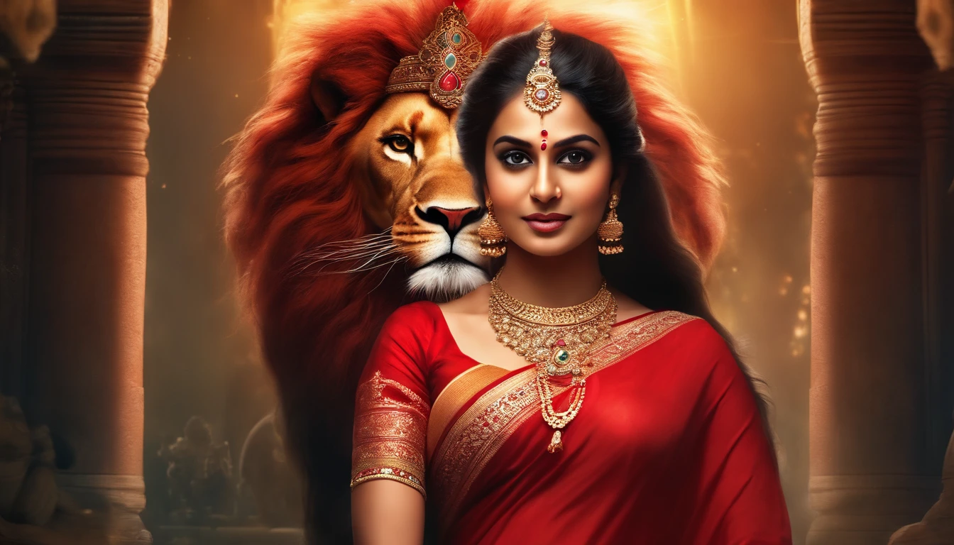 (highly detailed), (illustration), (complex), (beautiful face), (attractive body), (full body image), modern Indian goddess, Hinduism, (sheer red sari), (visible natural breasts), (NSFW) , dynamic pose, deity crown, (lion close), colorful, attractive, heavenly, inside a temple.