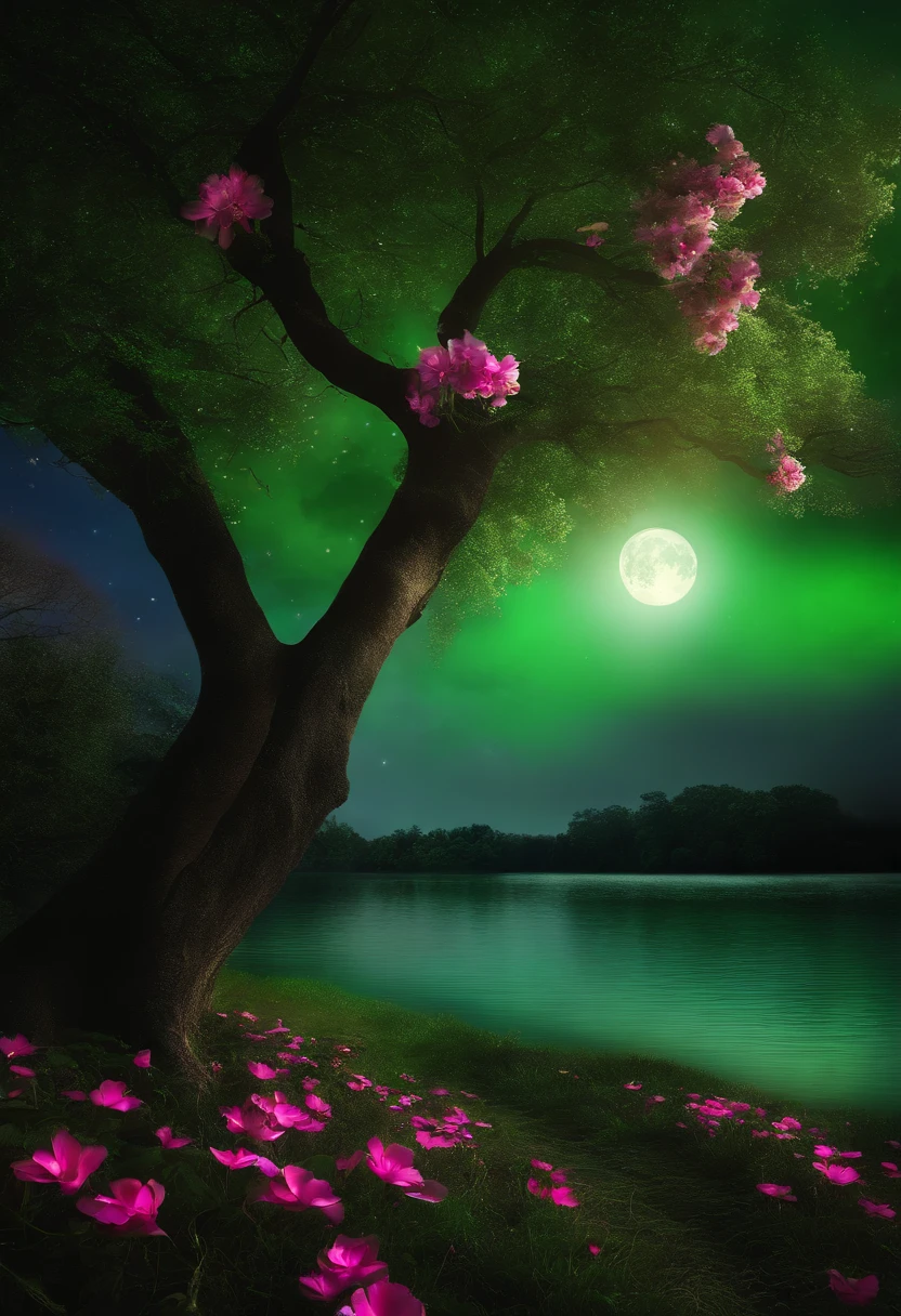 (Beautiful Magic Night Green Sky Stream Overlay Scenery), (heaven), (nuvem), soft lighting, fundo limpo, beautiful scenery, master part, alta qualidade, graphics beautiful, High detail, epic scenery, Jardim, flor, nuvem, (night starly sky, back river, huge old trees behind, dropping bright pink petals back)