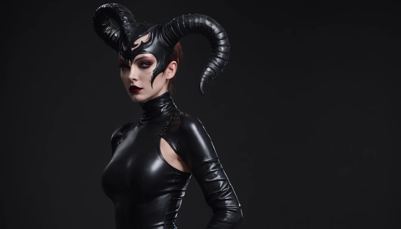 Demon woman dressed in latex leotard posing for a photo in a dark studio, half body shot, sensual pose, darksynth aesthetic, demon queen, demon woman with horns, latex bodysuit, ultra detailed, photorealistic, masterpiece.