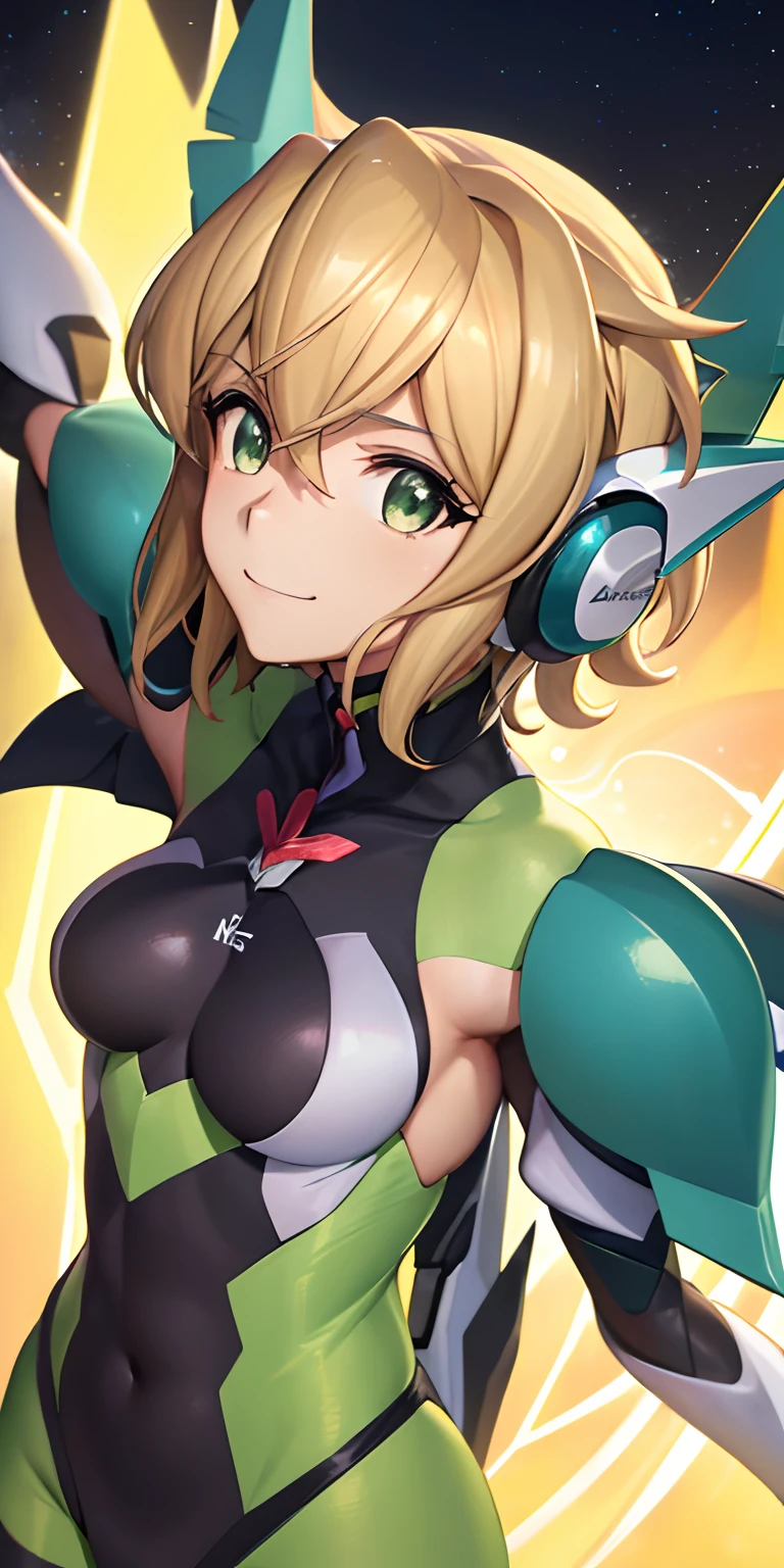 (Overhead view),dynamic angle,ultra-detailed, illustration, close-up, straight on, 1girl, 
 ((kirika akatsuki, interface headset, symphogear bodysuit:1.4, blonde hair, green eyes)),Her eyes shone like dreamy stars,(glowing eyes:1.233),(beautiful and detailed eyes:1.1),(expressionless,closed mouth),(standing), 
(bedroom, he was showing enthusiasm with a smile),
(night:1.2),dreamy, [[delicate fingers and hands:0.55]::0.85],(detail fingers),