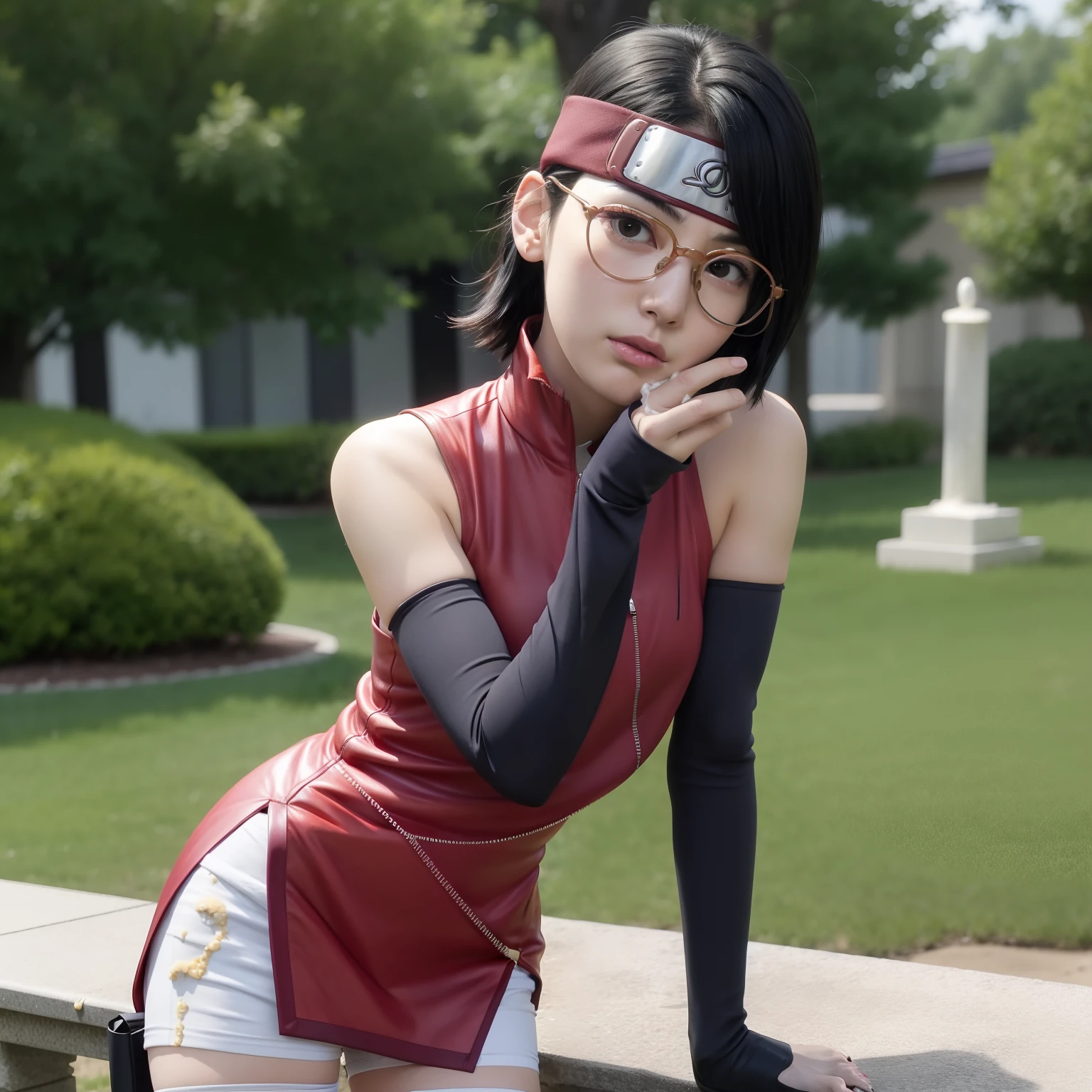 anime screencap, 
1girl,solo,black hair,short hair, black eyes,skinny,cowboy shot, standing, forehead protector, smirk,(dress:1.1),(white shorts:0.8), black thighhighs, thigh holster, arm warmers, bare shoulders, looking at viewer, outdoors,pelvic,red-framed eyewear, glasses,arms behind back, head tilt, pelvic curtain, facing viewer, hands on hips, zipper, shiny hair, (cum:1.9)