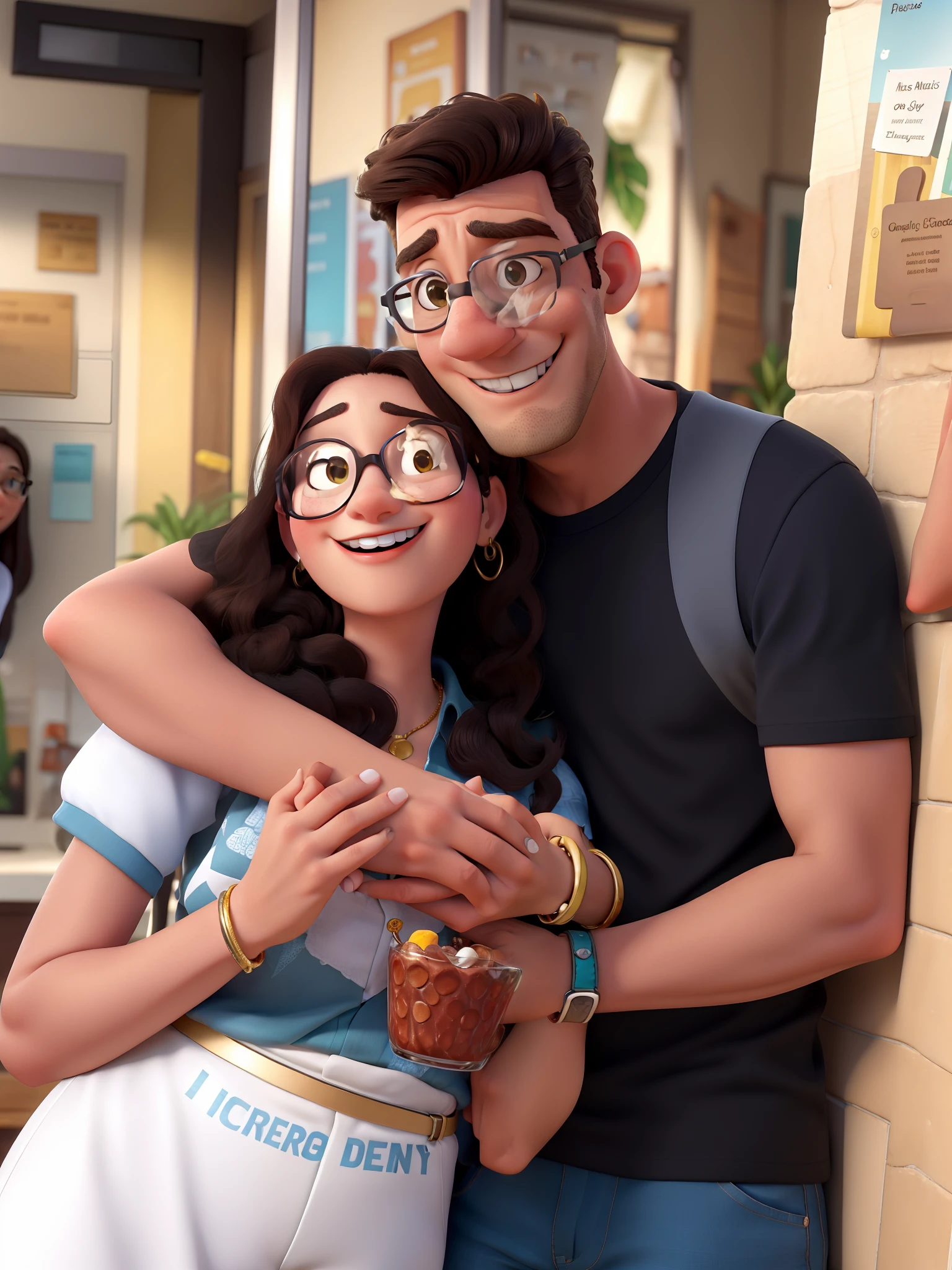 um casal marrom, ambos maiores ou -18 anos, both wearing a silver wedding band, The woman is wearing braces, ambos com cabelos pretos, The man is wearing a square blue smartwatch and a gold necklace inside a black shirt, The woman is wearing a reggae-colored bracelet and they are both holding a glass of milkshake while wearing glasses, Pixar Style Poster