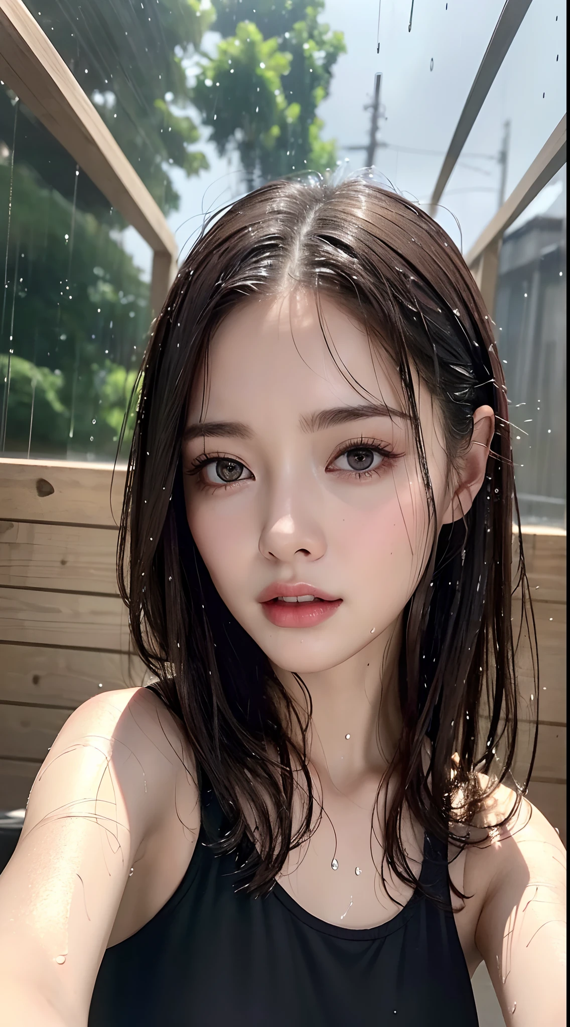 (Best quality, 4k, Masterpiece :1.3), pretty woman, 1girl, sexy :1.1, dark brown hair: 1.1, (rainy wet, wet from rain, wet body :1.2), white tank tops, ultra-detailed face, detailed lips, detailed eyes, double eyelid