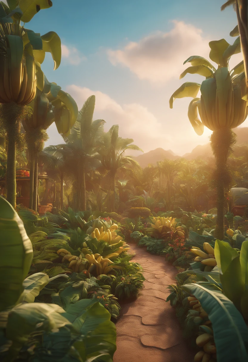 Garden full of banana trees, Clay material, Cartoon design style, POP MART, Soft lighting, smooth lines, Tilt-shift lens, Detailed science fiction illustrations, super realistic details, bright colors
