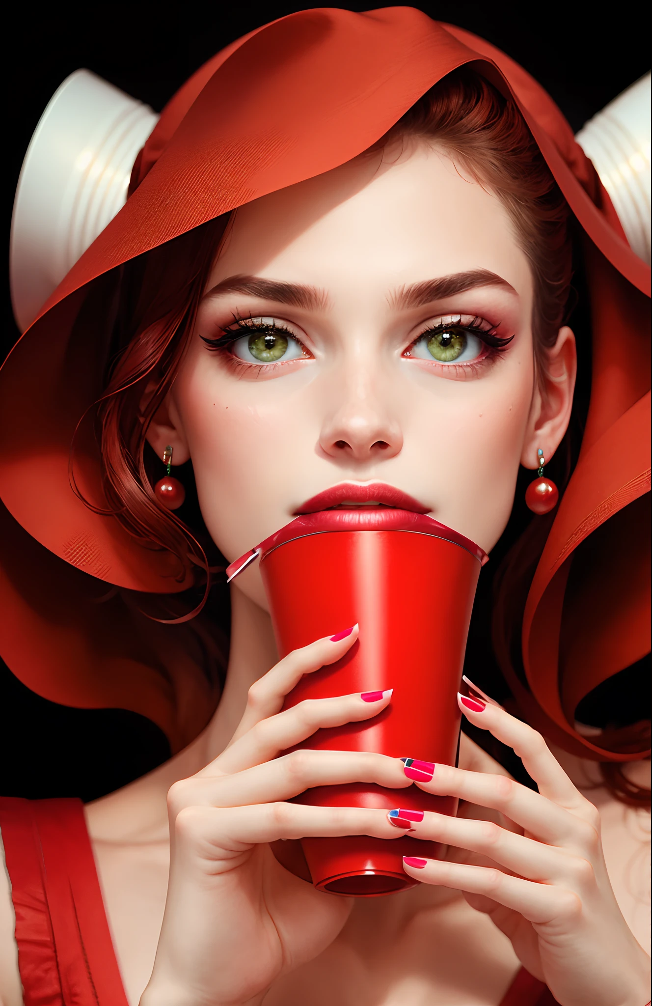 criar um cartaz promocional com o tema manicure com tons rosa e vermelho, where there's a hand with stylish nails holding a red megaphone emitting sound, with the title in Portuguese written "promotion", Around stylish nail polish and nail accessories, criativo, envolvente