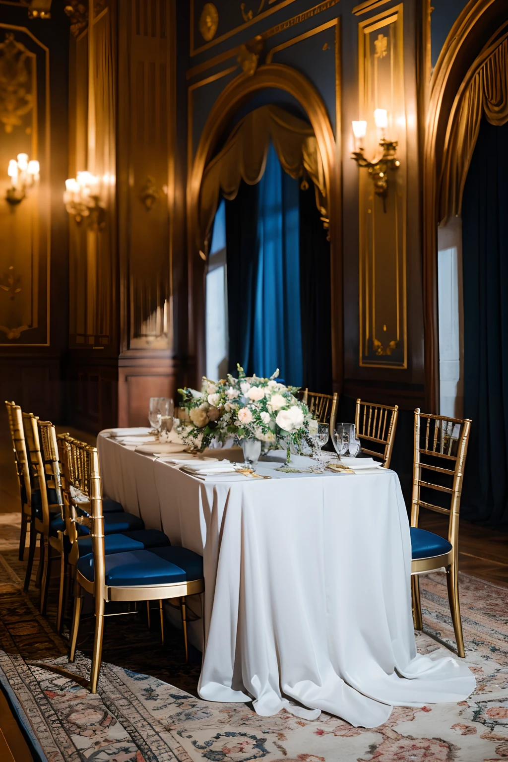 Wedding in a dark blue pale gold European castle。A table for wedding jewelry