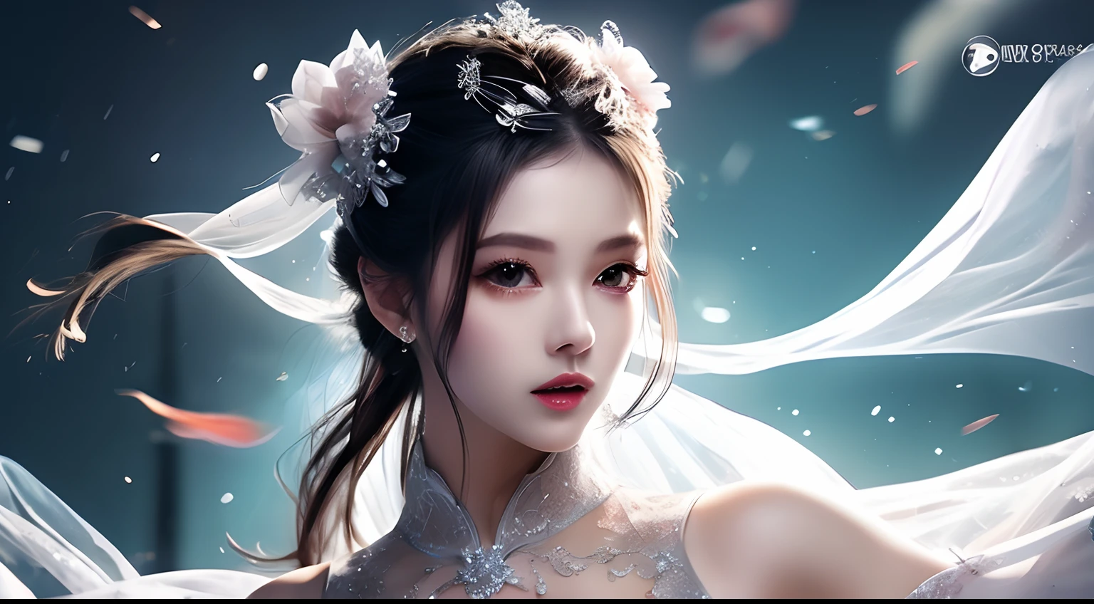 8k ultra hd, mastermiece, a girl, good face, detailed, eyes, beautiful lips, very hong hair, spreading hair, medium breasts, wedding dress, white dress, in the park, flying birds, blowing winds, clear weather, whole body capture,
