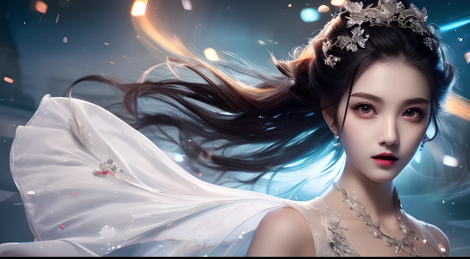 8k ultra hd, mastermiece, a girl, good face, detailed, eyes, beautiful lips, very hong hair, spreading hair, medium breasts, wedding dress, white dress, in the park, flying birds, blowing winds, clear weather, whole body capture,