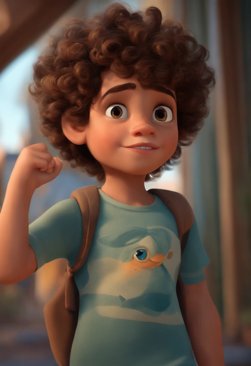 Image of a boy for a story in a YouTube video in Pixar format, He's the one , olhos castanhos escuros, He's outgoing, Playful and gets up for a lot of things, Short hair and curly lightning mcquin t-shirt