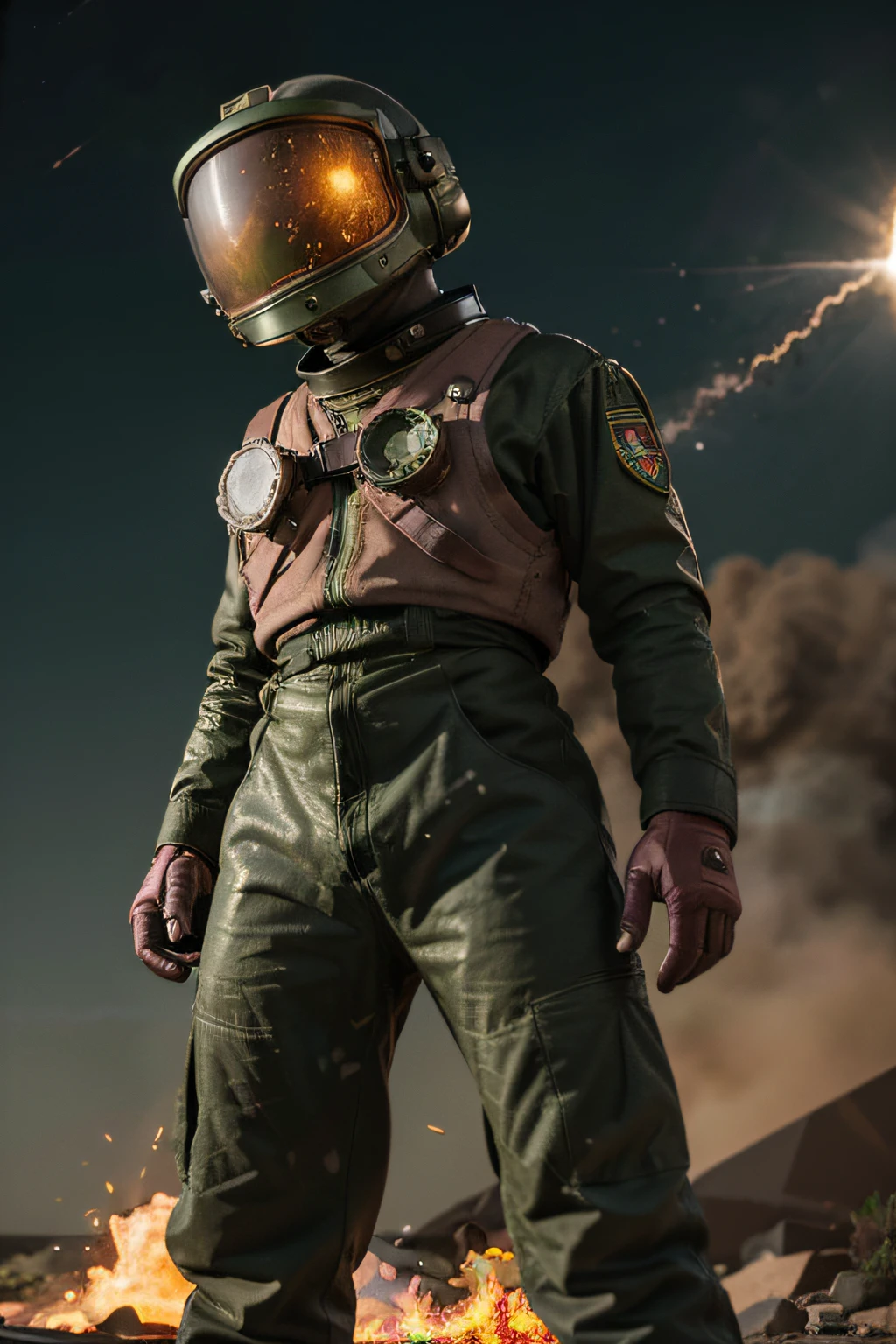 A toon rusty explosion radioactivity  greenhair Crazy whit a Big ONE a Only Eye Robot CCCP Soviet Rocketeer, and helmet Style, tongs in hands, Tv head, pinhead, camouflage Gold Silver Pink Rusty, Ambient in a meteorite crater super detailed, center, beautiful, soft lighting, focused on the character, 4K resolution, photorealistic rendering,