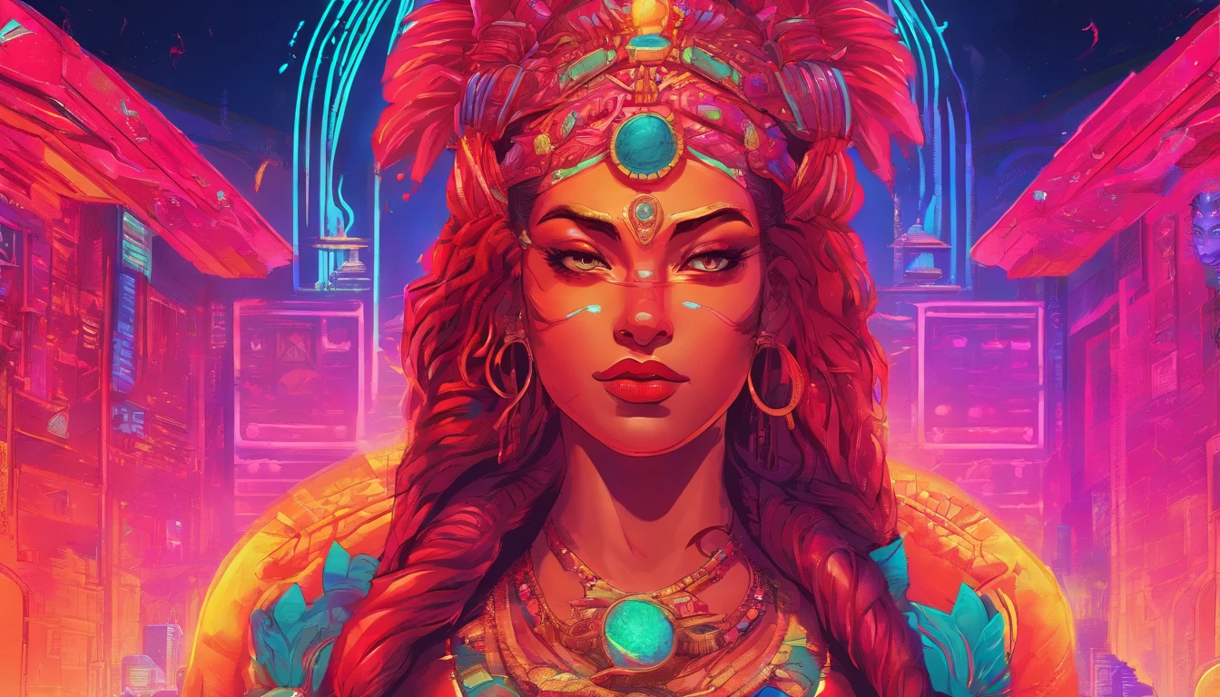(highly detailed), (illustration), (complex), (beautiful face), (attractive body), (full body image), modern Indian goddess, Hinduism, (sheer red sari), (visible natural breasts), (NSFW) , dynamic pose, deity crown, (lion close), colorful, attractive, heavenly, inside a temple.