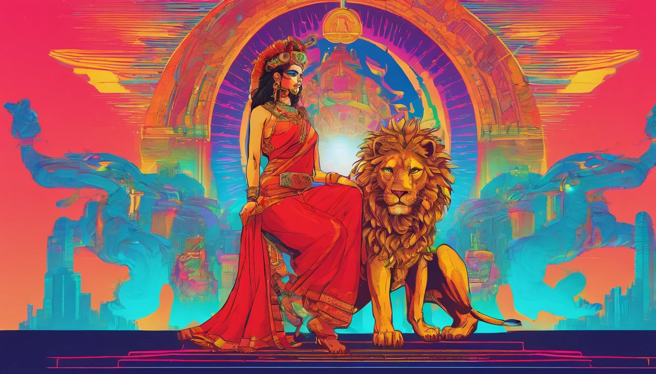 (highly detailed), (illustration), (complex), (beautiful face), (attractive body), (full body image), modern Indian goddess, Hinduism, (sheer red sari), (visible natural breasts), (NSFW) , dynamic pose, deity crown, (lion close), colorful, attractive, heavenly, inside a temple.