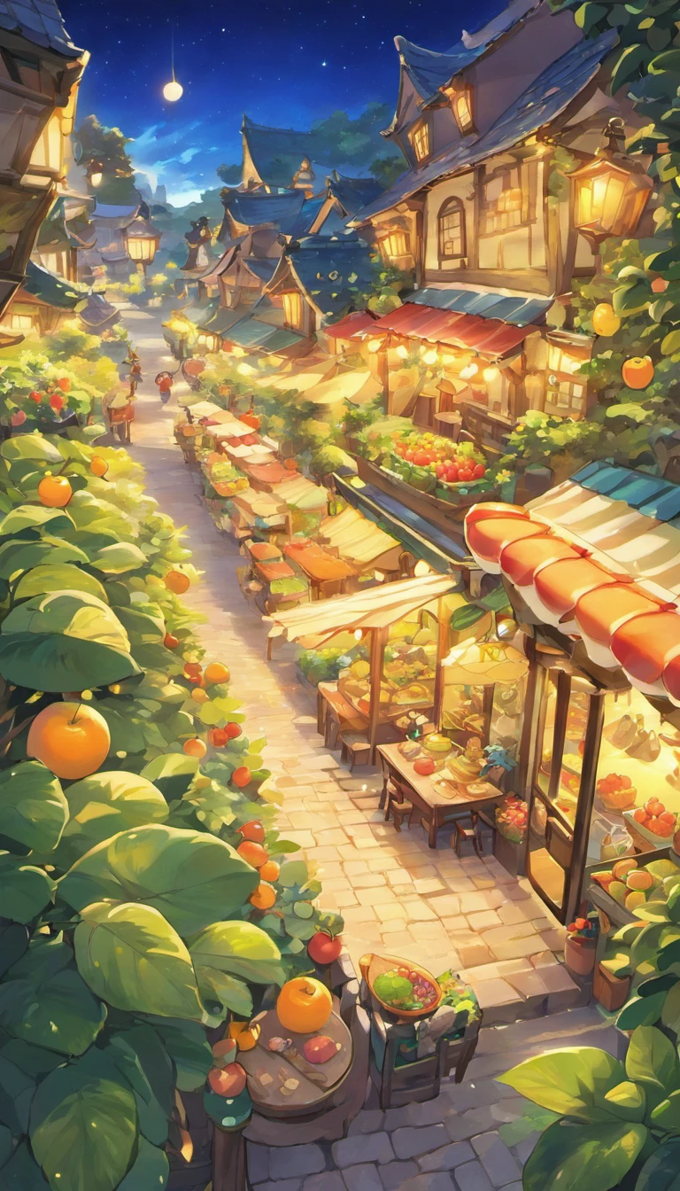 Night view of the land of berries、Fantastic atmosphere、Watching from a distance、A house made by hollowing out apples、Vehicles made of tangerines、Table made of kiwi、Parasol made of watermelon、A sparkling world、top-quality、masterpiece、night landscape、A city illuminated by street lamps
