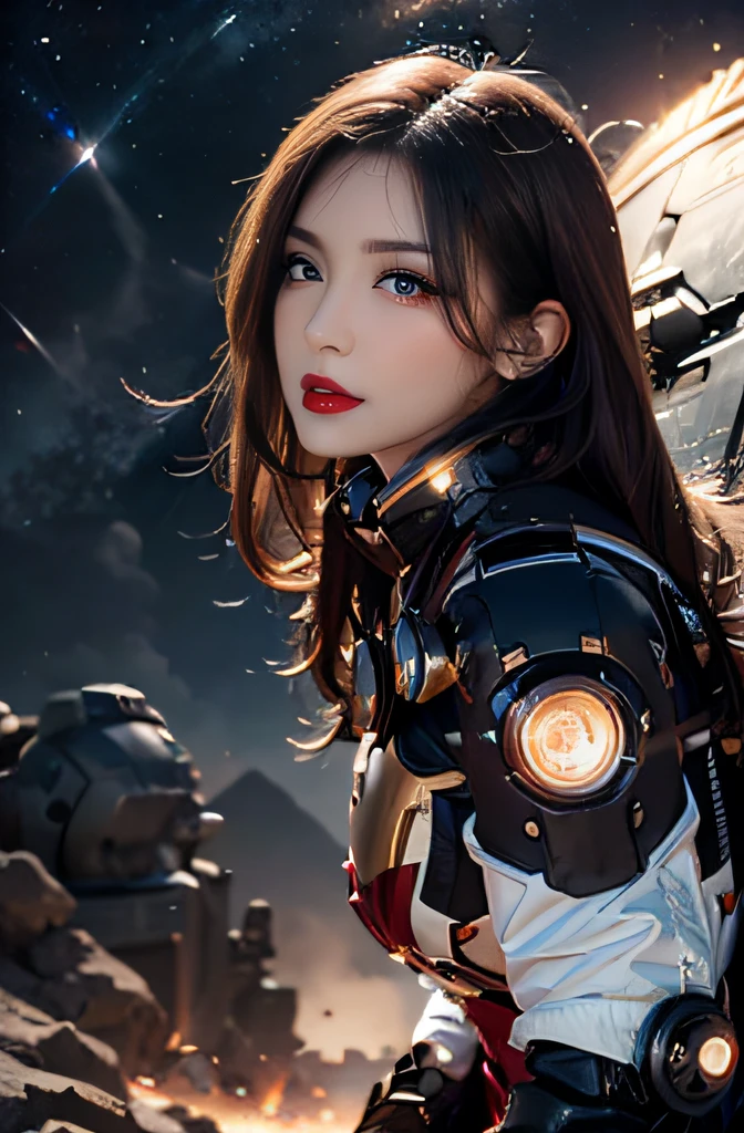 RAW, Masterpiece, Super Fine Photo,, Best Quality, Ultra High Resolution, Photorealistic Photorealism, Sunlight, Full Body Portrait, Amazing Beauty,,Dynamic Pose,Delicate Face,Vibrant Eyes,(From the side), She Wears Futuristic Iron Man Mech, Red and Gold Color Scheme, Very Detailed Space Background, Detailed Face, Detailed Complex Space Background, Messy, Gorgeous, Milky White, Highly Detailed Skin, Realistic Skin Details, Visible Pores, Sharp Focus, Volumetric Fog, 8K UHD, DSLR camera, high quality, film grain, fair skin, photorealism, lomography, starship in space, seen from below, translucent