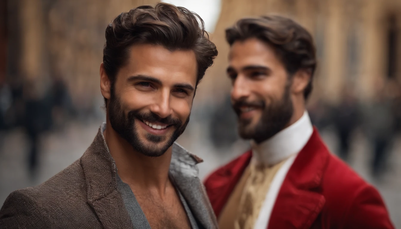 Brunette man with italian features, alto, magro, com barba rasa, sorriso bonito, andando por londres.