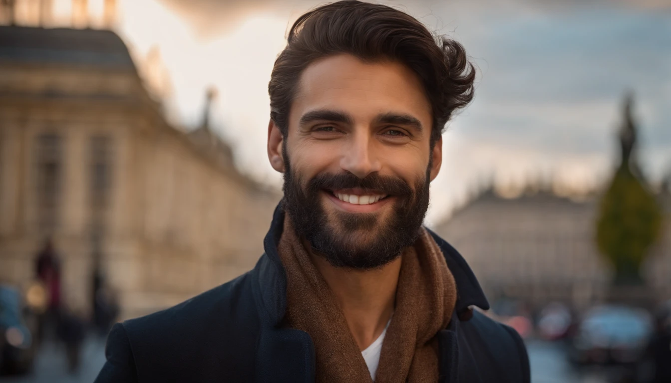 Brunette man with italian features, alto, magro, com barba rasa, sorriso bonito, andando por londres.