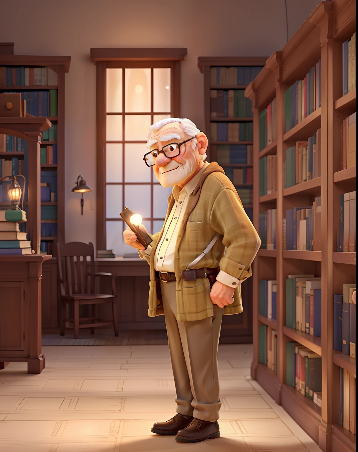 A wise old man standing in front, illuminated by the light of a lamp, against the backdrop of a library