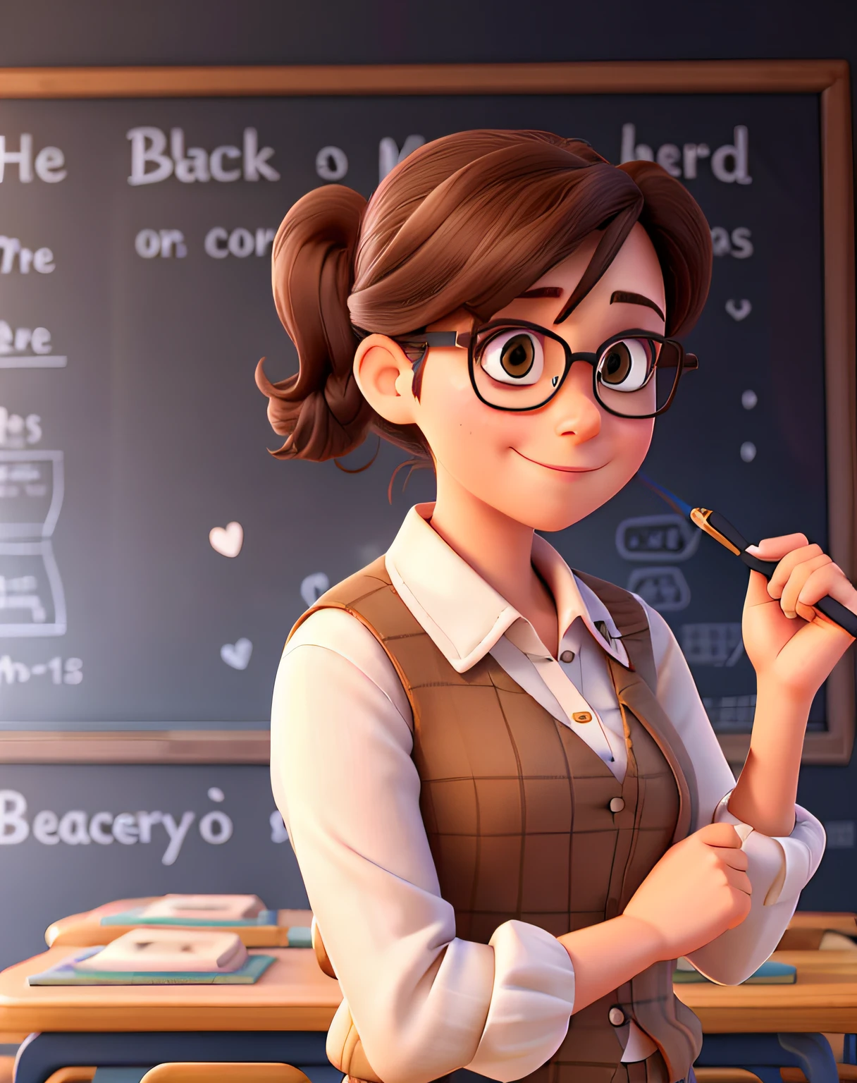 A teacher with glasses in front of a blackboard