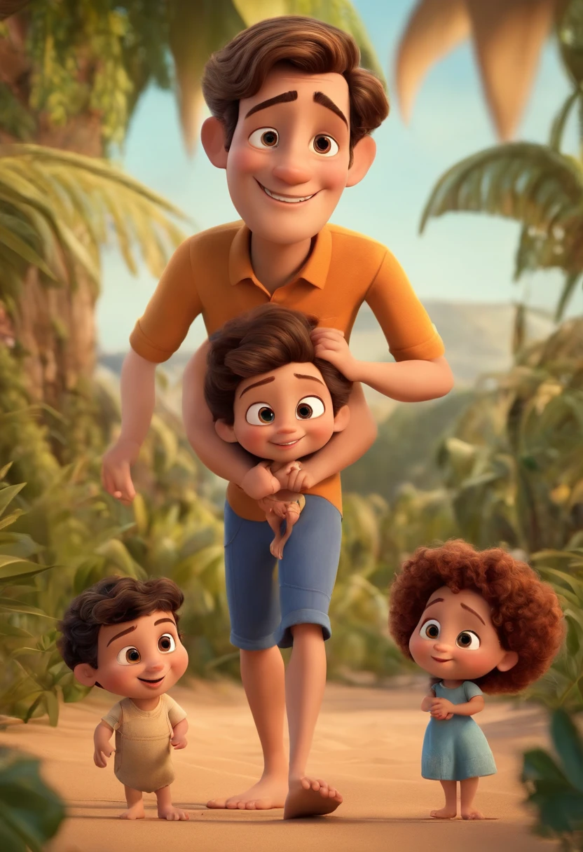 a Disney Pixar movie poster showing a white-skinned family. The father is the tallest, Tem barba curta, loiro, cabelos curtos e espinhosos, Olhos azuis. The mother has brown eyes and hair, shoulder-length and is slightly overweight. O menino menor tem 4 anos e cabelos loiros com topete e olhos azuis, o menino maior tem 6 anos, cabelos e olhos castanhos. The background is a beach garden. 3D-rendering