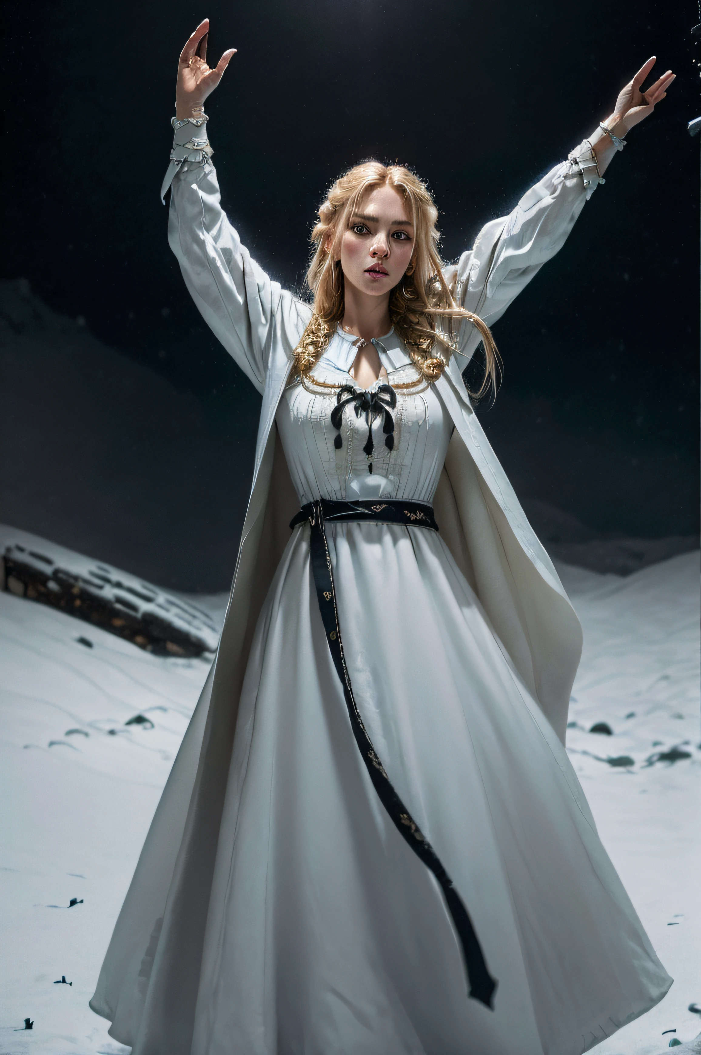 (best quality, highres, ultra-detailed), (HDR, studio lighting), (realistic:1.37), a woman with blond hair tied in a braid wearing classic Slavic white dress and black cape with arms raised up, standing, dark winter night, snowing, dark theme full body
