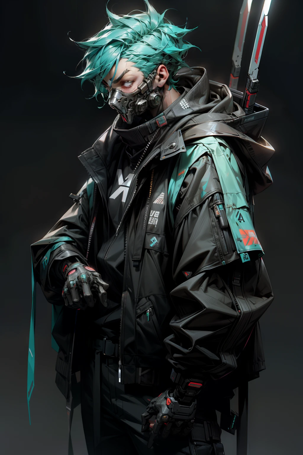There was a boy wearing a mask and a black hoodie,With a knife in his hand, Hyper-realistic cyberpunk style,Digital cyberpunk anime style,cyan colors