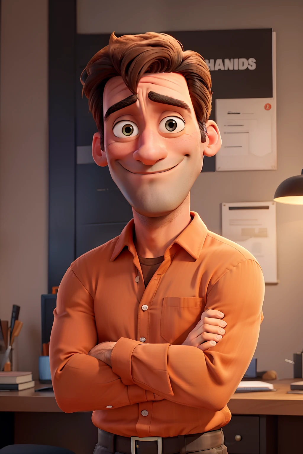 Jon Hamm, Cartoons in orange shirt and black pants, arms crossed, olhando para frente e sorrindo com os dentes aparecendo;