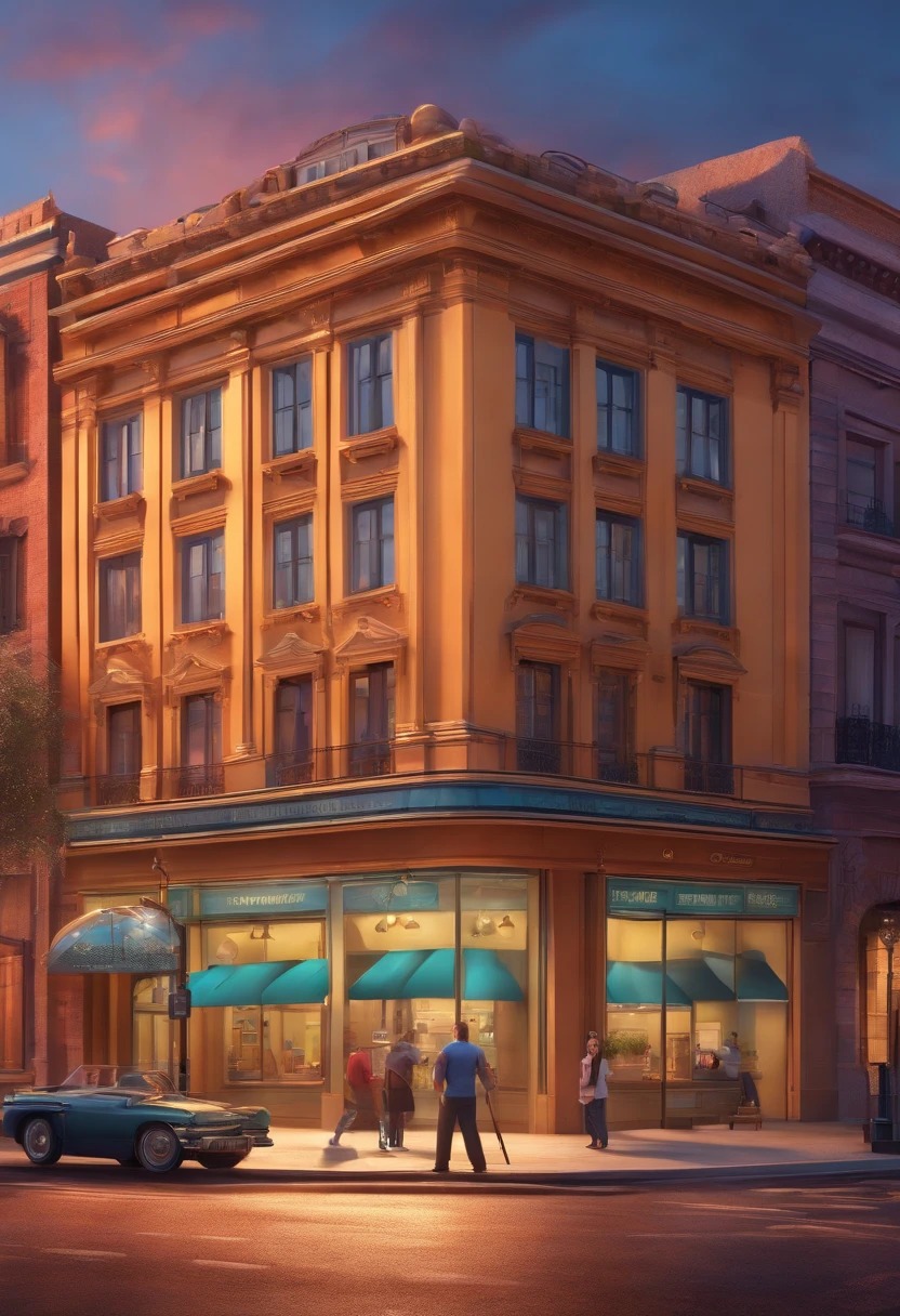 Pixar 3D-style drawing of a slimming clinic in the city center with a character in the foreground