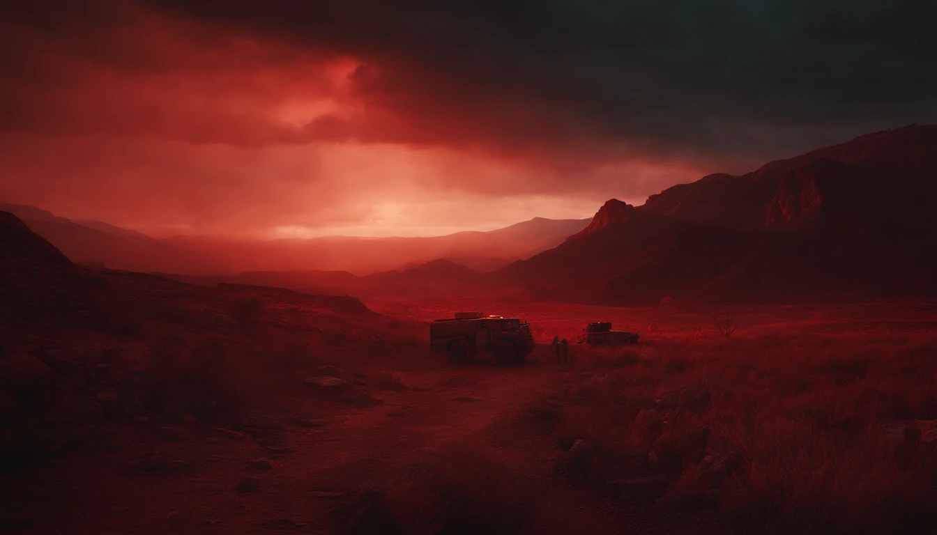 Hellish scenario, red atmosphere, apocalyptic scenario, hellish landscape, night, red sky, ultra detailed, photorealistic, masterpiece, trending on Artstation.