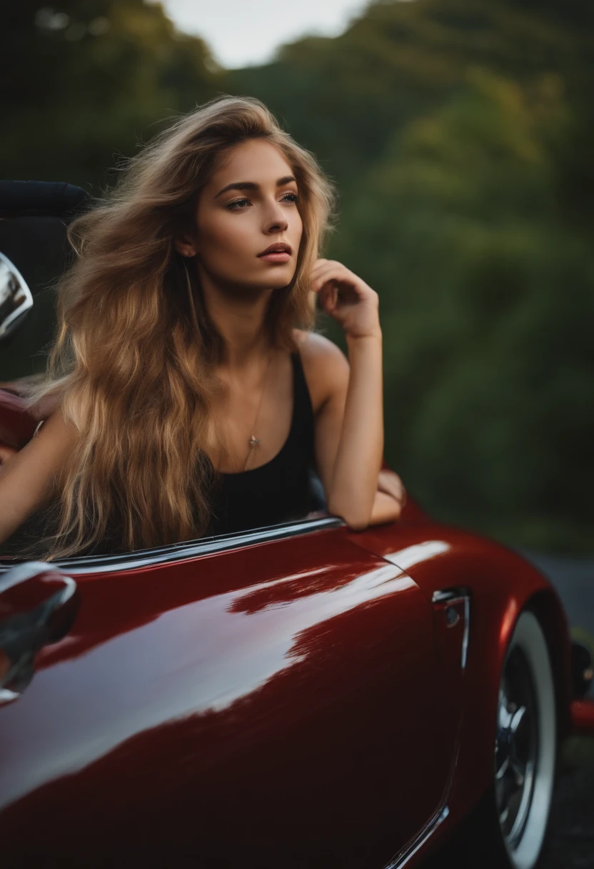 UM JOVEM ADOLESCENTE MORENO COM CABELO CACHEADO DENTRO DE UMA PORCHE NO MEIO DA ESTRADA