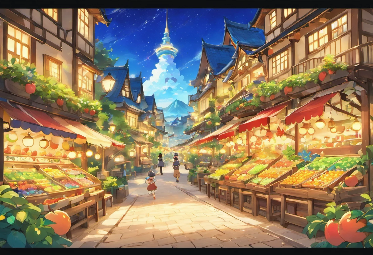 Night view of the land of berries、Fantastic atmosphere、Watching from a distance、A house made by hollowing out apples、Vehicles made of tangerines、Table made of kiwi、Parasol made of watermelon、A sparkling world、top-quality、masterpiece、night landscape、A city illuminated by street lamps、Rear view of a boy and a wolf looking up at the city and being impressed