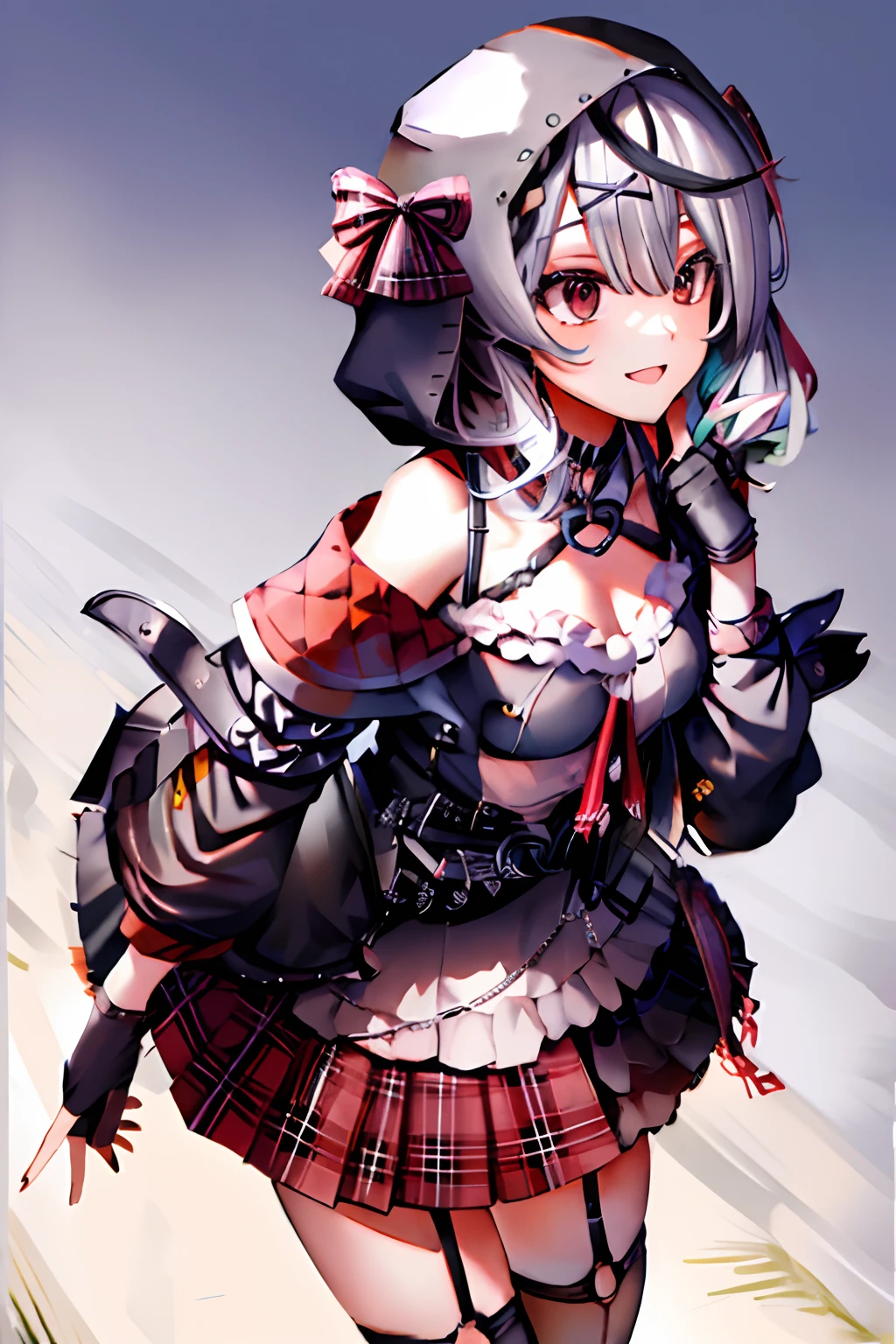 masterpiece, best quality, highres, 1girl, solo, red_eyes, sakamata chloe, garter straps, black fingerless gloves, torn thighhighs, grey hair, hair ornament, multicolored hair, plaid skirt, streaked hair, cleavage, x hair ornament, black hair, red skirt, black collar, white camisole, medium breasts, miniskirt, pleated skirt, black thighhighs, braid, white shirt, black_belt, medium hair, black jacket, plaid_bow, hood_up, long sleeves, off shoulder, smile, field, walking,